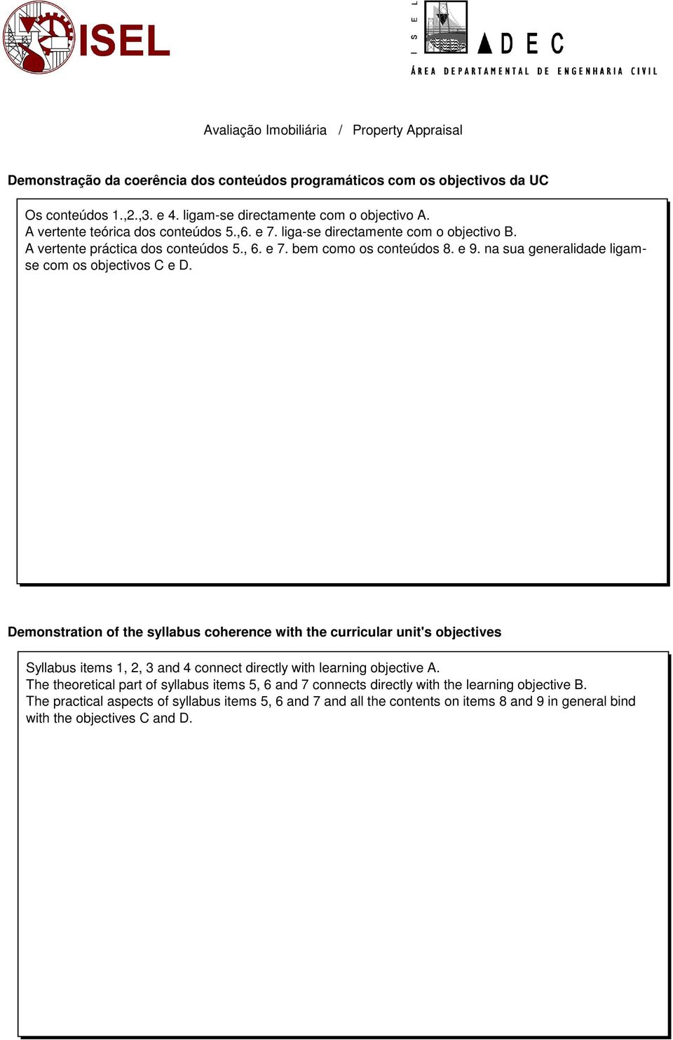 Demonstration of the syllabus coherence with the curricular unit's objectives Syllabus items 1, 2, 3 and 4 connect directly with learning objective A.