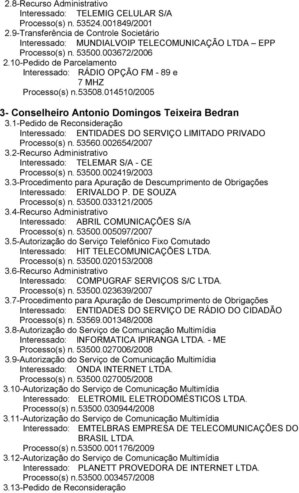 1- Pedido de Reconsideração Processo(s) n. 53560.002654/2007 3.2- Recurso Administrativo Interessado: TELEMAR S/A - CE Processo(s) n. 53500.002419/2003 3.