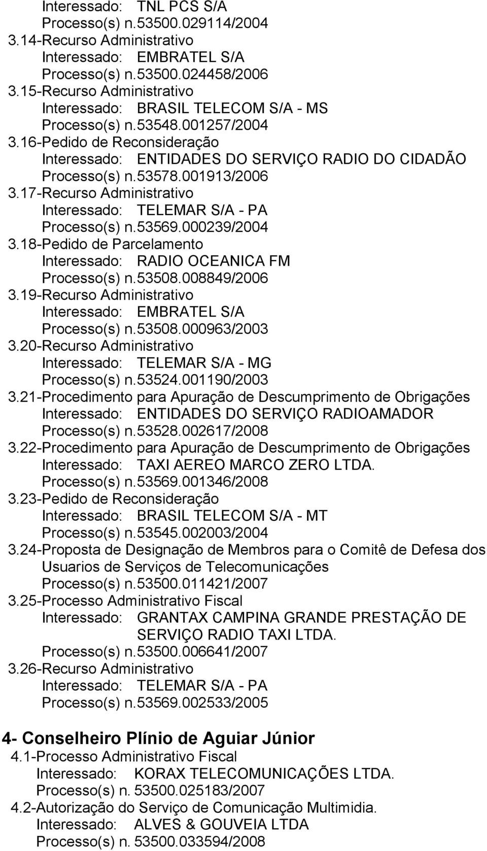 001913/2006 3.17- Recurso Administrativo Interessado: TELEMAR S/A - PA Processo(s) n. 53569.000239/2004 3.18- Pedido de Parcelamento Interessado: RADIO OCEANICA FM Processo(s) n. 53508.008849/2006 3.