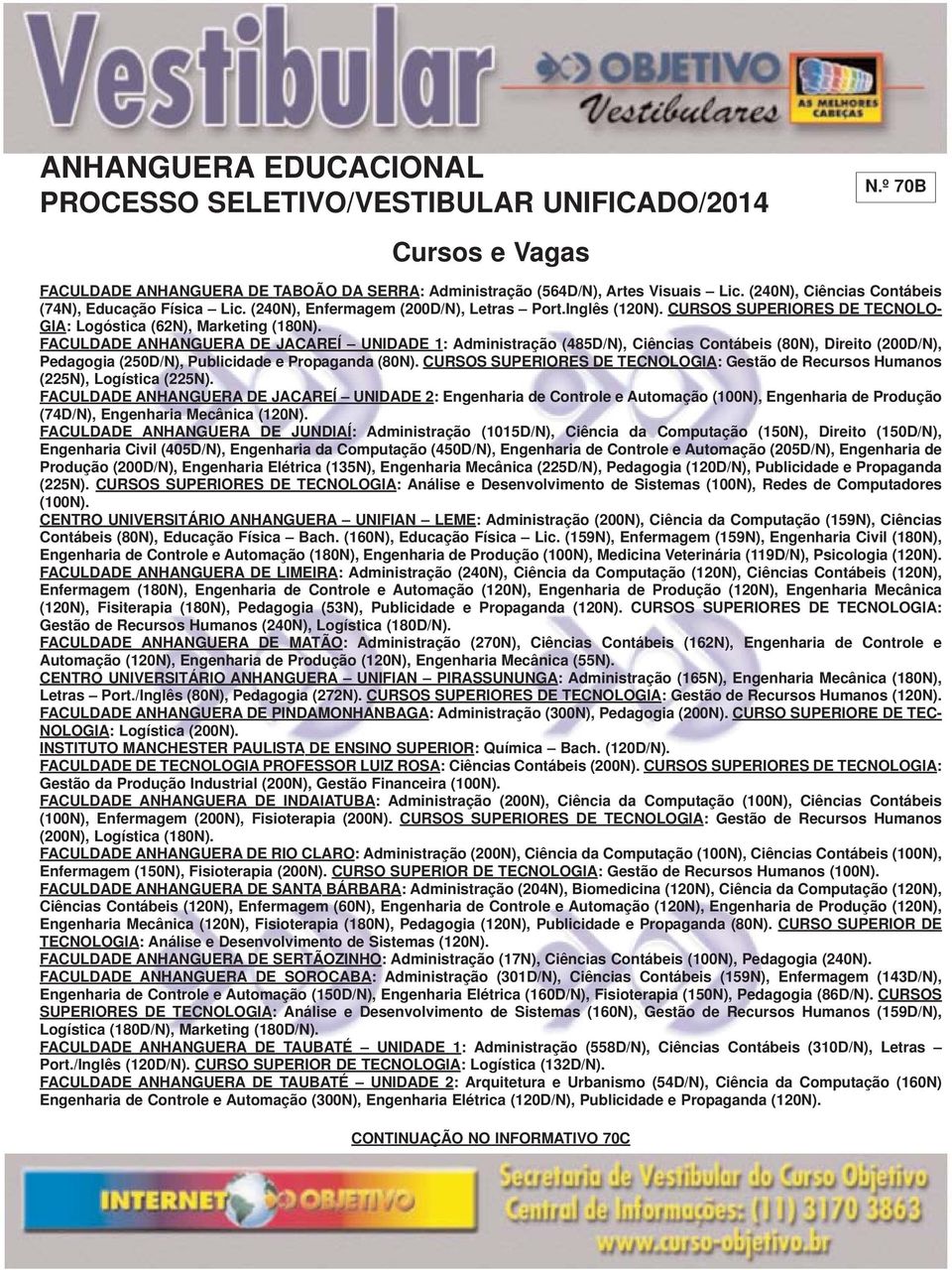 FACULDADE ANHANGUERA DE JACAREÍ UNIDADE 1: Administração (485D/N), Ciências Contábeis (80N), Direito (200D/N), Pedagogia (250D/N), Publicidade e Propaganda (80N).