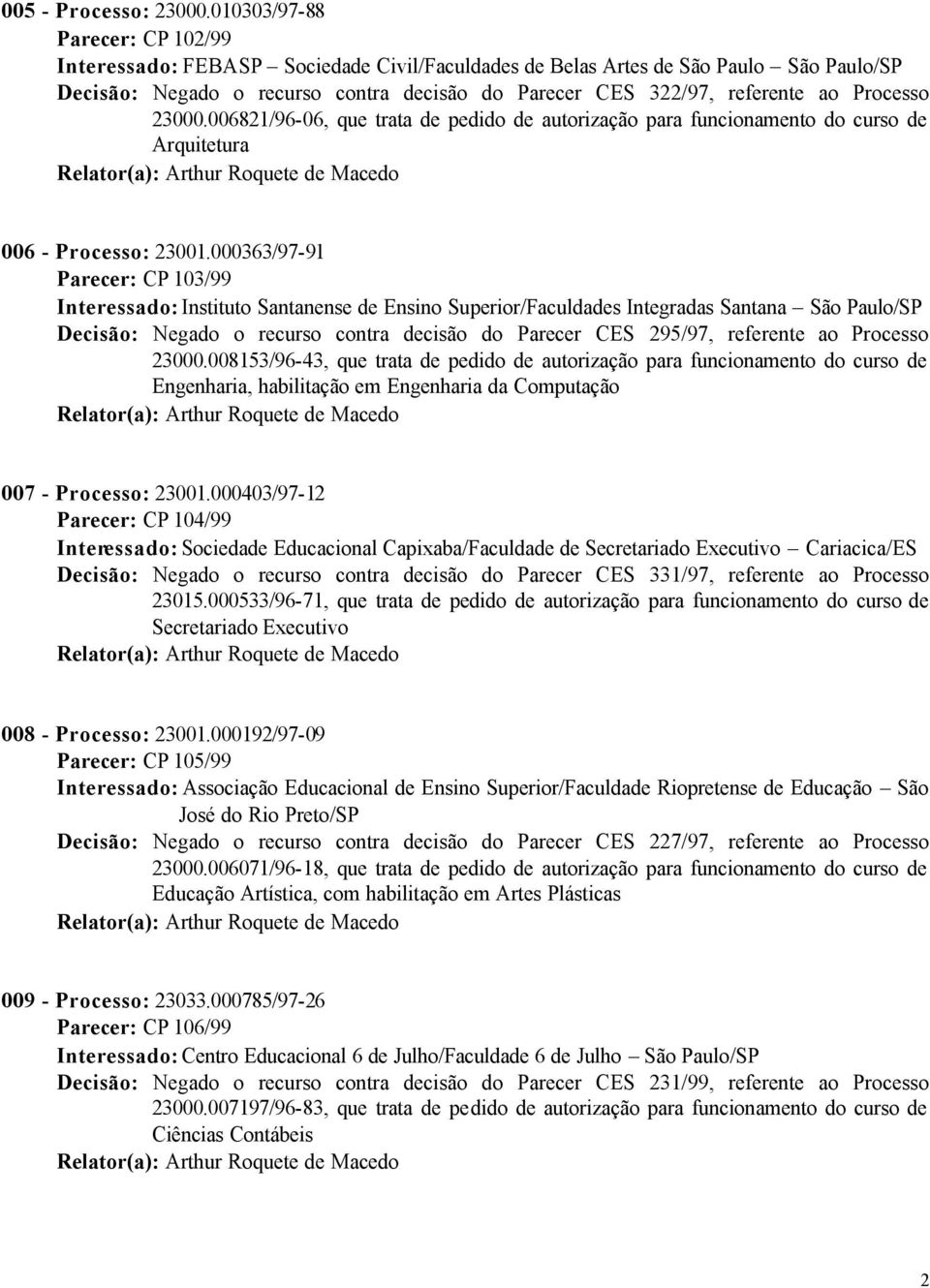 Processo 23000.006821/96-06, que trata de pedido de autorização para funcionamento do curso de Arquitetura 006 - Processo: 23001.