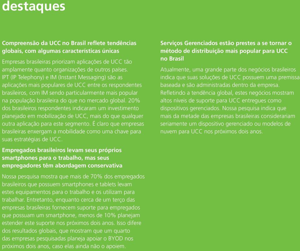 IPT (IP Telephony) e IM (Instant Messaging) são as aplicações mais populares de UCC entre os respondentes brasileiros, com IM sendo particularmente mais popular na população brasileira do que no