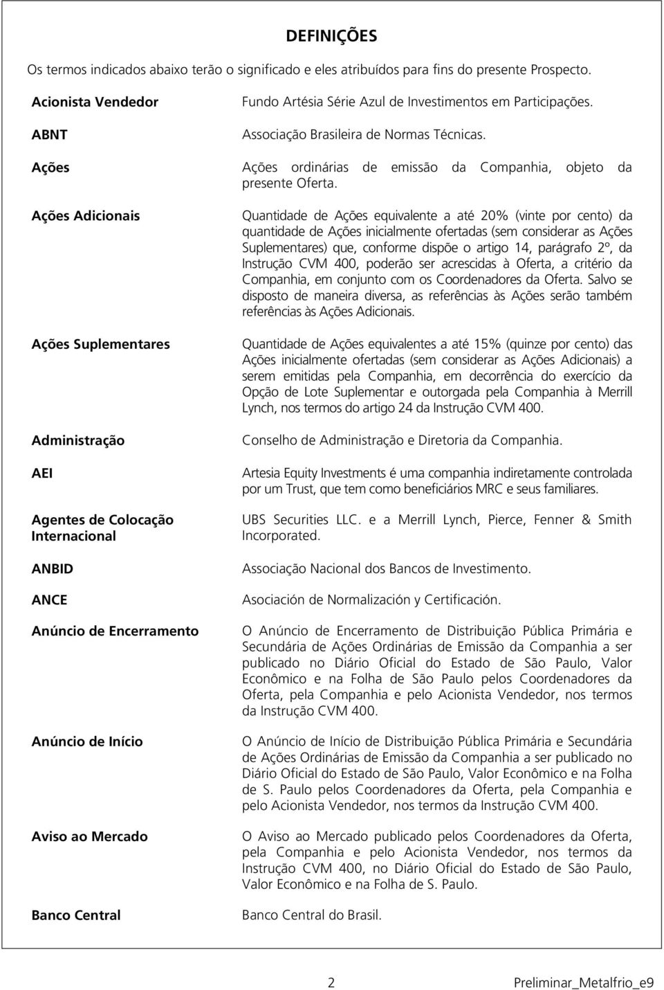 Ações Adicionais Ações Suplementares Administração AEI Agentes de Colocação Internacional ANBID ANCE Anúncio de Encerramento Anúncio de Início Aviso ao Mercado Banco Central Quantidade de Ações