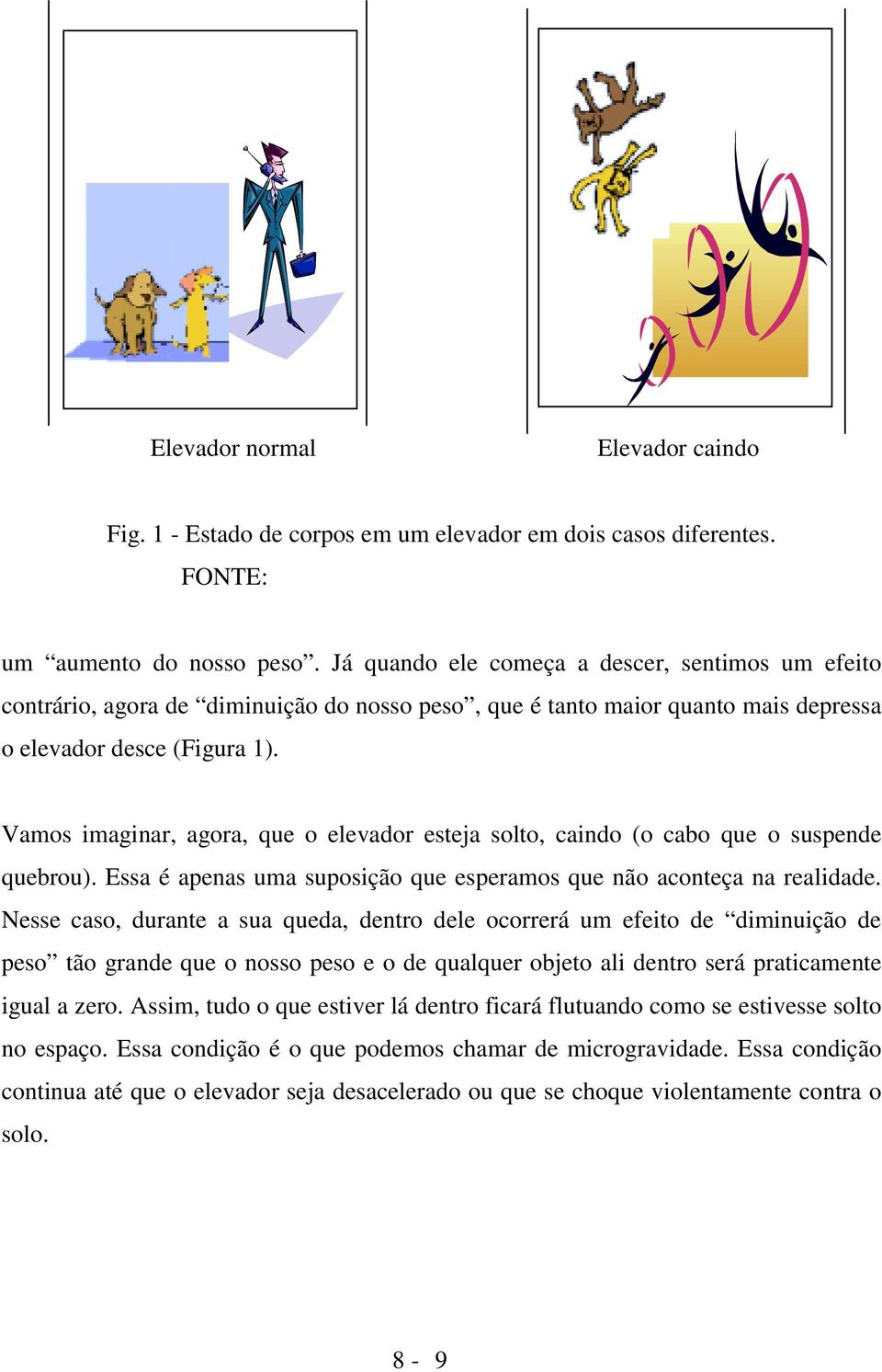 Vamos imaginar, agora, que o elevador esteja solto, caindo (o cabo que o suspende quebrou). Essa é apenas uma suposição que esperamos que não aconteça na realidade.