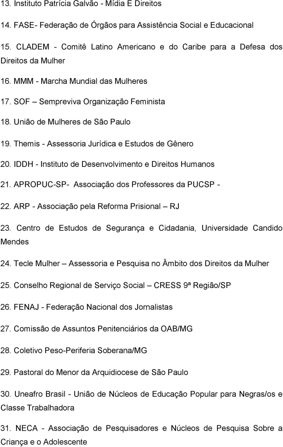 Themis - Assessoria Jurídica e Estudos de Gênero 20. IDDH - Instituto de Desenvolvimento e Direitos Humanos 21. APROPUC-SP- Associação dos Professores da PUCSP - 22.