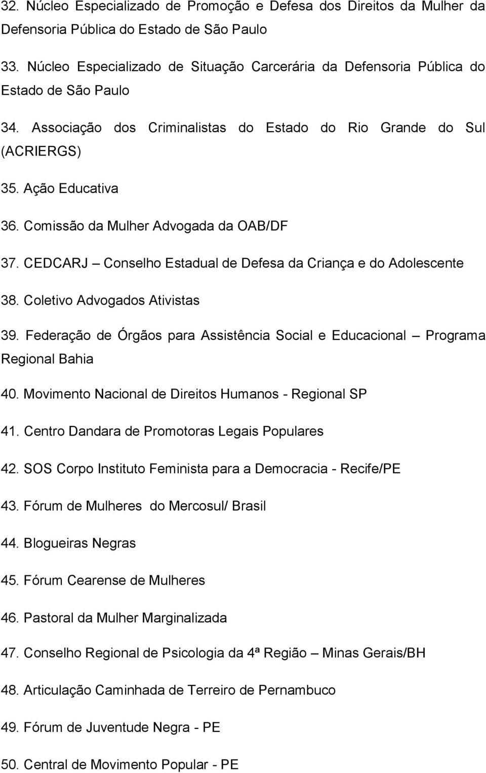 Comissão da Mulher Advogada da OAB/DF 37. CEDCARJ Conselho Estadual de Defesa da Criança e do Adolescente 38. Coletivo Advogados Ativistas 39.