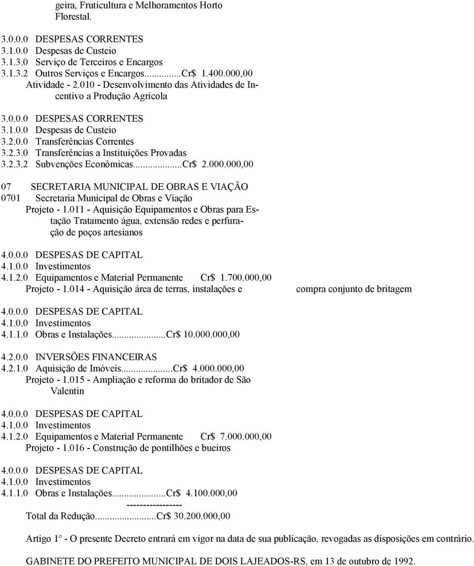 011 - Aquisição Equipamentos e Obras para Estação Tratamento água, extensão redes e perfuração de poços artesianos 4.1.2.0 Equipamentos e Material Permanente Cr$ 1.700.000,00 Projeto - 1.