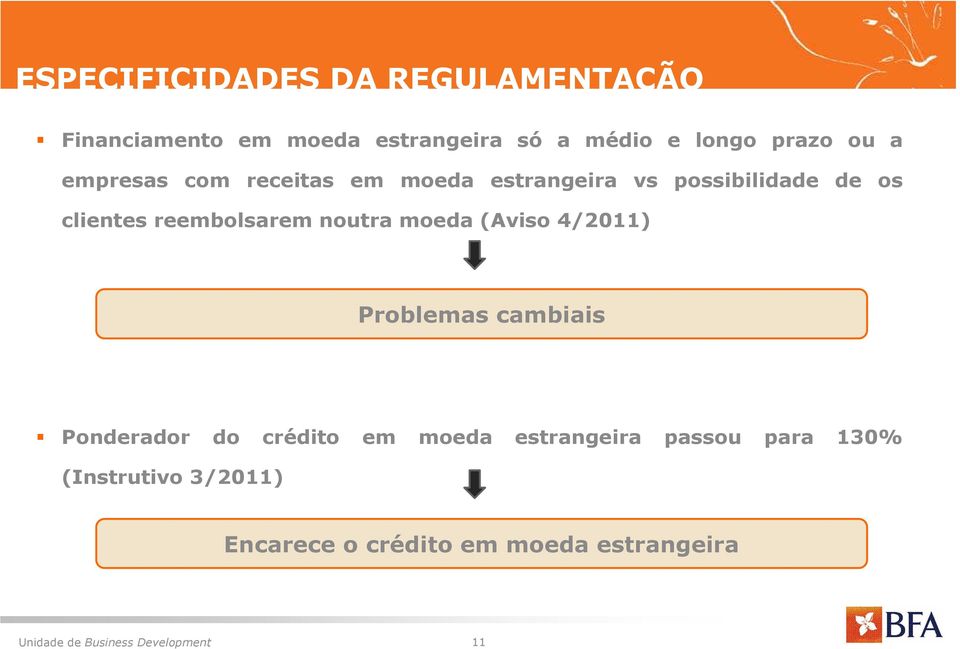 moeda (Aviso 4/2011) Problemas cambiais Ponderador do crédito em moeda estrangeira passou para