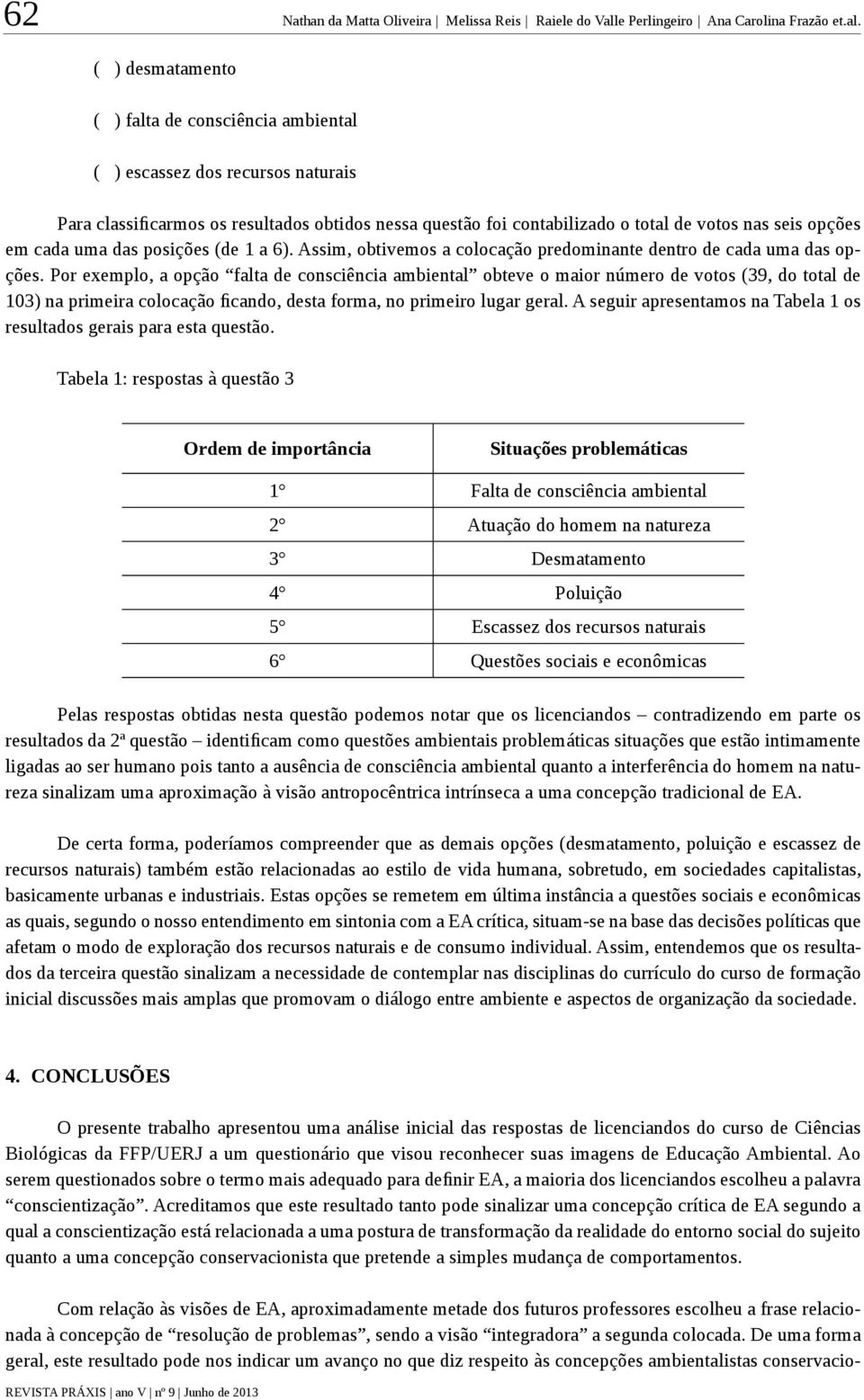 ( ) desmatamento ( ) falta de consciência ambiental ( ) escassez dos recursos naturais Para classificarmos os resultados obtidos nessa questão foi contabilizado o total de votos nas seis opções em