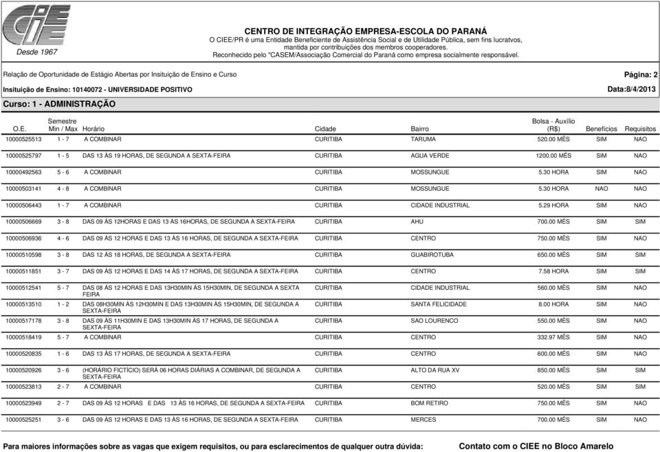 29 HORA SIM NAO 10000506669 3-8 DAS 09 ÀS 12HORAS E DAS 13 ÀS 16HORAS, DE SEGUNDA A CURITIBA AHU 700.