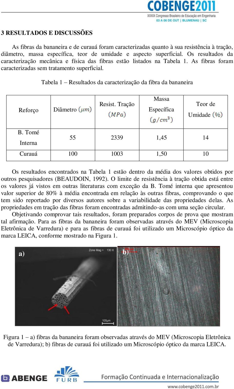 Tabela 1 Resultados da caracterização da fibra da bananeira Reforço Diâmetro Resist. Tração Massa Específica Teor de Umidade B.