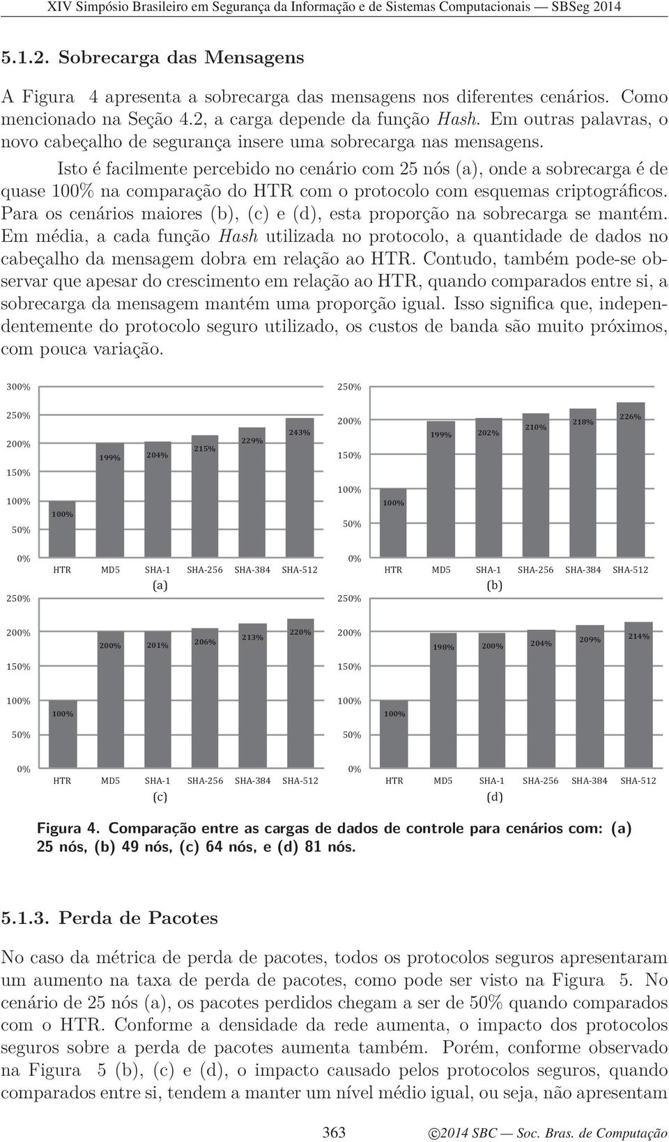 Isto é facilmente percebido no cenário com 25 nós (a), onde a sobrecarga é de quase 100% na comparação do HTR com o protocolo com esquemas criptográficos.