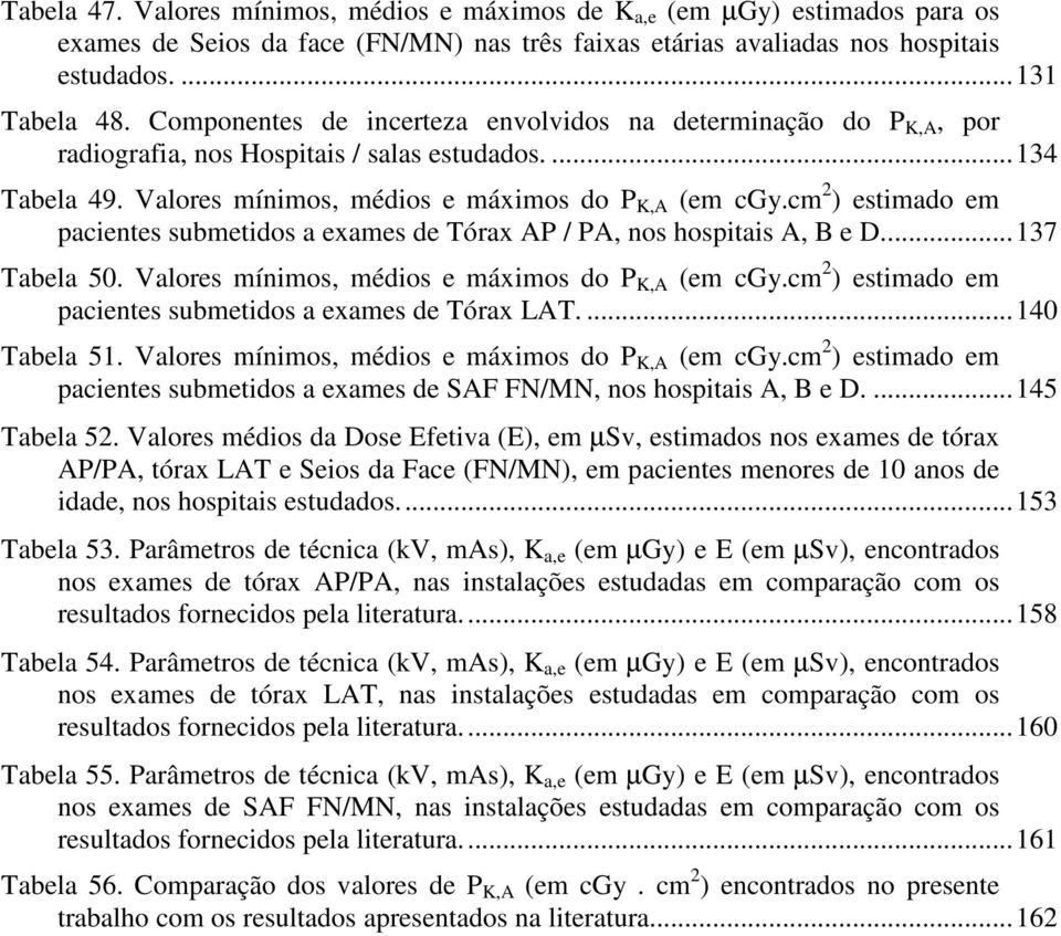 cm 2 ) estimado em pacientes submetidos a exames de Tórax AP / PA, nos hospitais A, B e D...137 Tabela 50. Valores mínimos, médios e máximos do P K,A (em cgy.