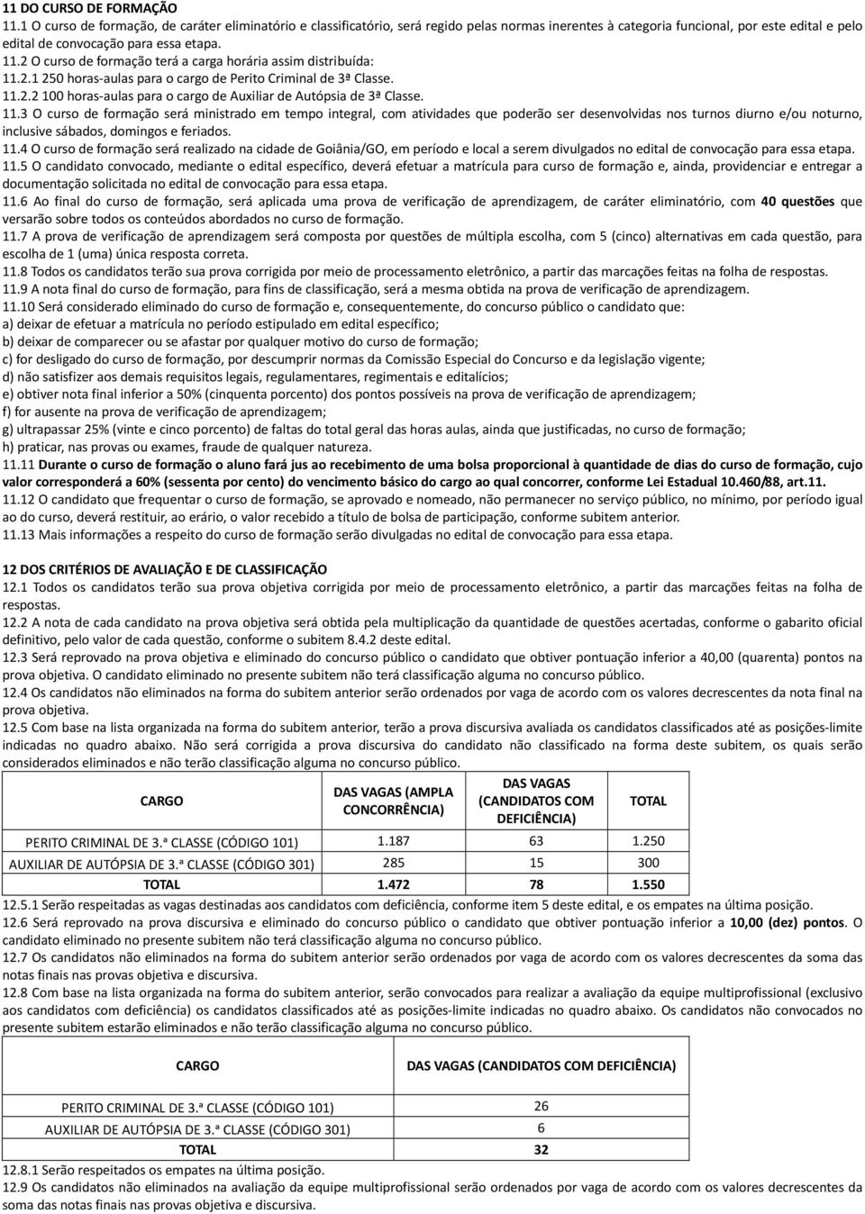 2 O curso de formação terá a carga horária assim distribuída: 11.2.1 250 horas-aulas para o cargo de Perito Criminal de 3ª Classe. 11.2.2 100 horas-aulas para o cargo de Auxiliar de Autópsia de 3ª Classe.