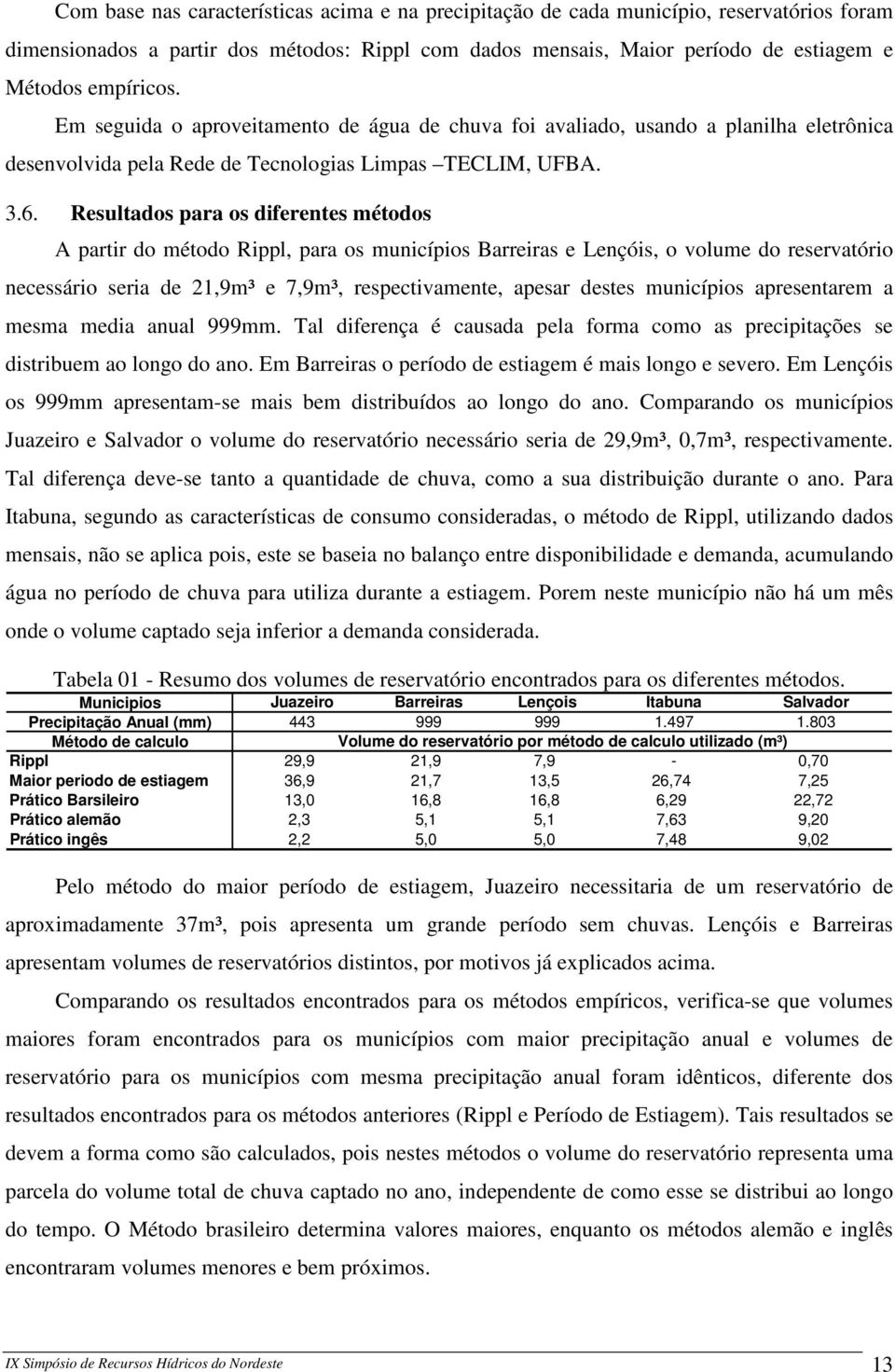 Resultados para os diferentes métodos A partir do método Rippl, para os municípios Barreiras e Lençóis, o volume do reservatório necessário seria de 21,9m³ e 7,9m³, respectivamente, apesar destes