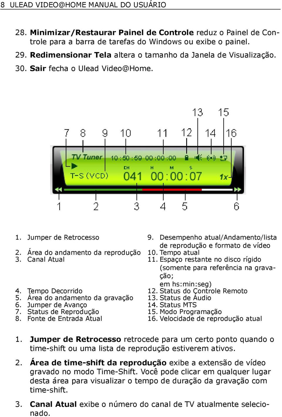 Área do andamento da reprodução 10. Tempo atual 3. Canal Atual 11. Espaço restante no disco rígido (somente para referência na gravação; em hs:min:seg) 4. Tempo Decorrido 12.