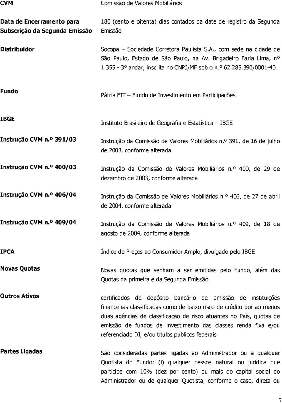 390/0001-40 Fundo Pátria FIT Fundo de Investimento em Participações IBGE Instituto Brasileiro de Geografia e Estatística IBGE Instrução CVM n.º 391/03 Instrução da Comissão de Valores Mobiliários n.