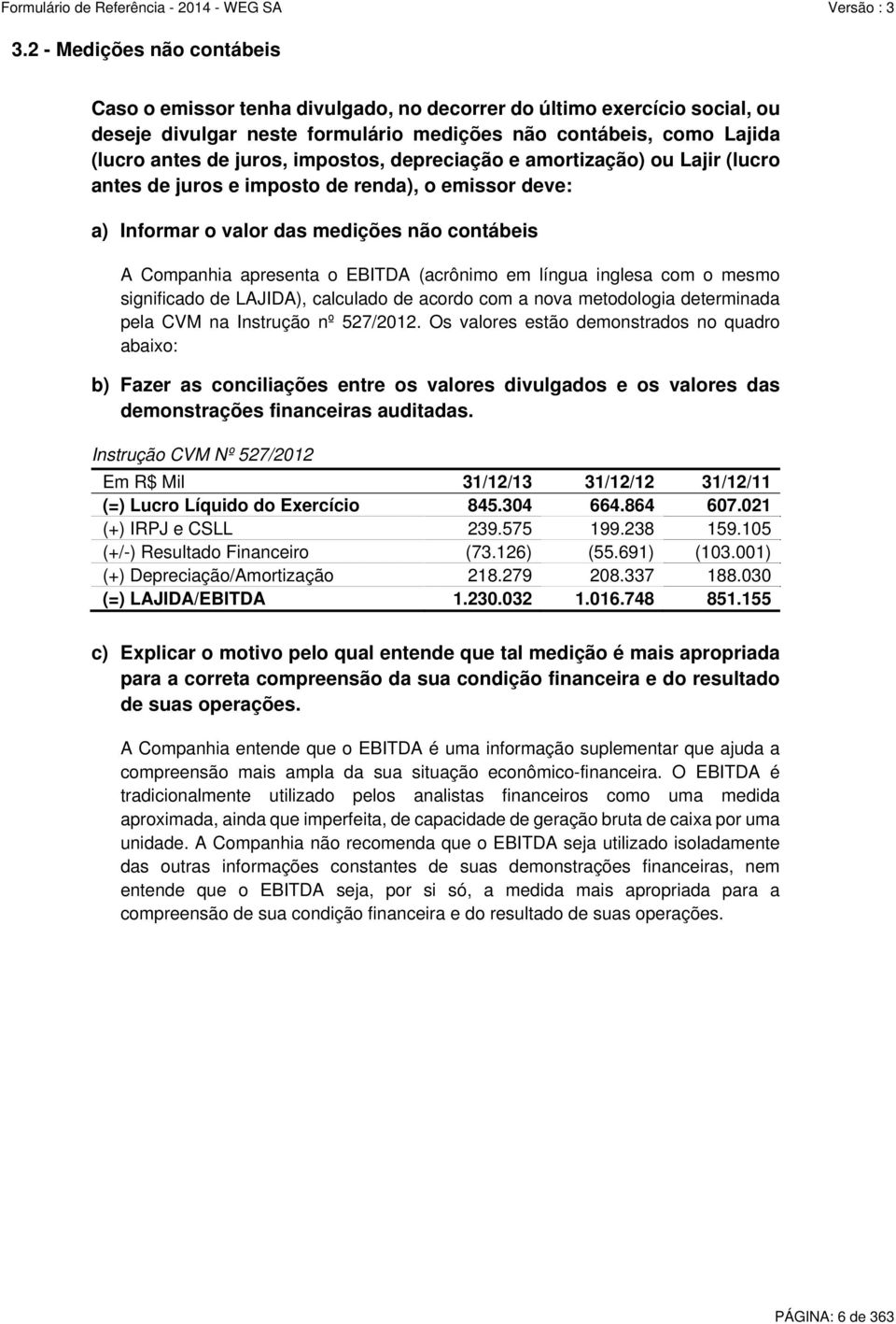 língua inglesa com o mesmo significado de LAJIDA), calculado de acordo com a nova metodologia determinada pela CVM na Instrução nº 527/2012.