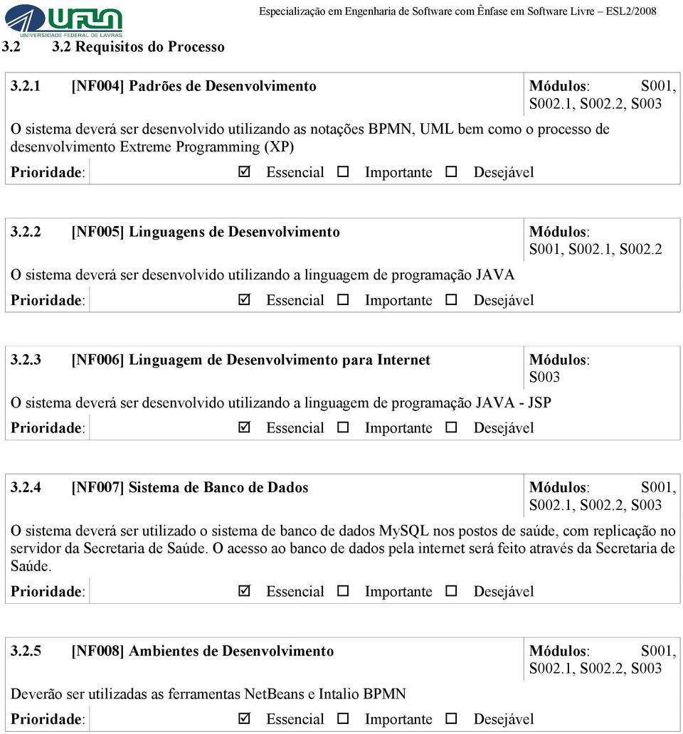 1, S002.2 O sistema deverá ser desenvolvido utilizando a linguagem de programação JAVA 3.2.3 [NF006] Linguagem de Desenvolvimento para Internet S003 O sistema deverá ser desenvolvido utilizando a linguagem de programação JAVA - JSP 3.