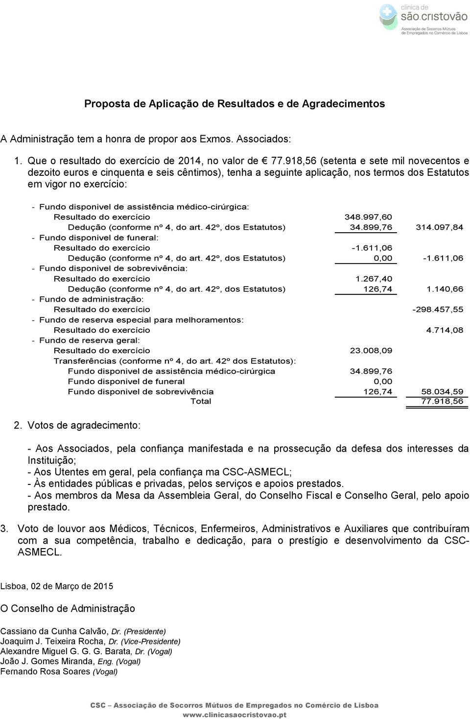 médico-cirúrgica: Resultado do exercício 348.997,60 Dedução (conforme nº 4, do art. 42º, dos Estatutos) 34.899,76 314.097,84 - Fundo disponivel de funeral: Resultado do exercício -1.