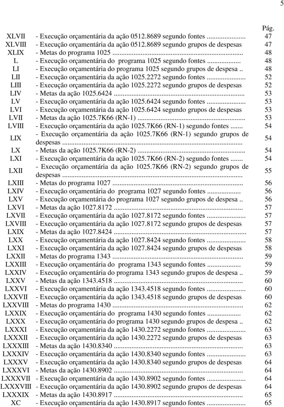 2272 segundo fontes... 52 LIII - Execução orçamentária da ação 1025.2272 segundo grupos de despesas 52 LIV - Metas da ação 1025.6424... 53 LV - Execução orçamentária da ação 1025.6424 segundo fontes.