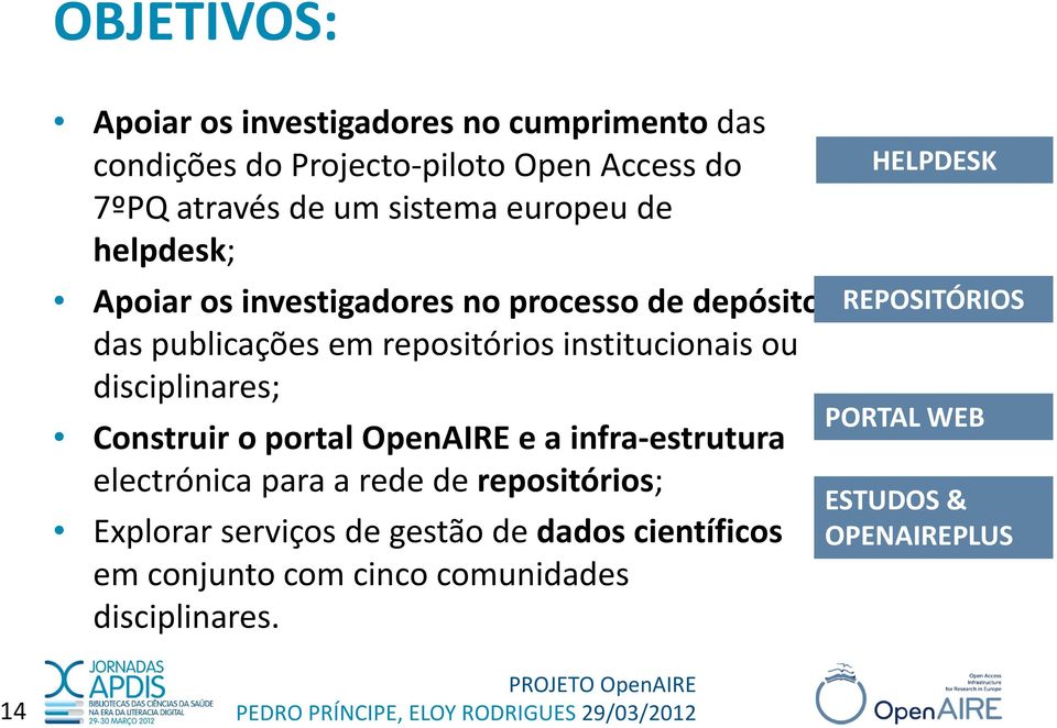 disciplinares; Construir o portal OpenAIRE e a infra-estrutura electrónica para a rede de repositórios; Explorar serviços de