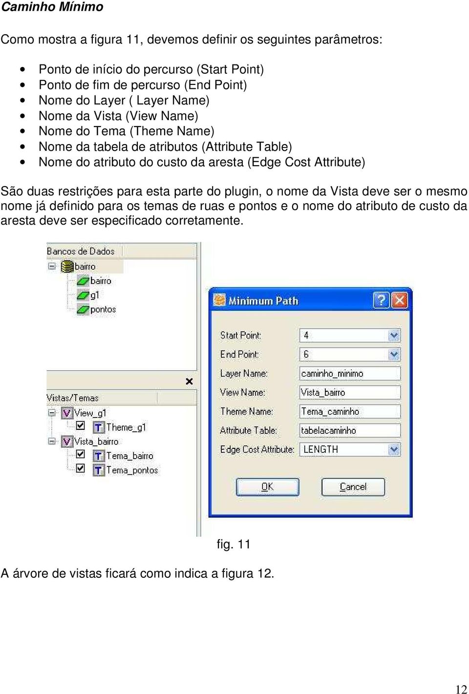 custo da aresta (Edge Cost Attribute) São duas restrições para esta parte do plugin, o nome da Vista deve ser o mesmo nome já definido para os temas de