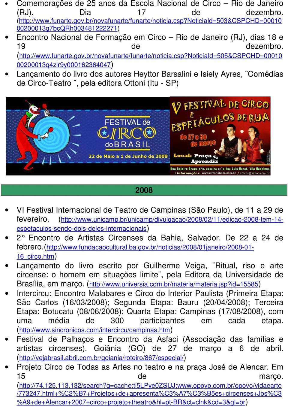 csp?noticiaid=505&cspchd=00010 00200013q4zlr9y000162364047) Lançamento do livro dos autores Heyttor Barsalini e Isiely Ayres, Comédias de Circo-Teatro, pela editora Ottoni (Itu - SP) 2008 VI Festival