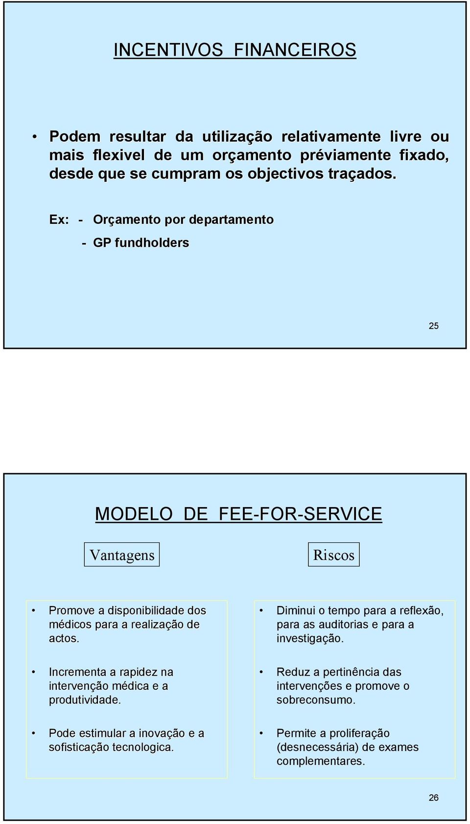 Ex: Orçamento por departamento GP fundholders 25 MODELO DE FEEFORSERVICE Vantagens Riscos Promove a disponibilidade dos médicos para a realização de actos.