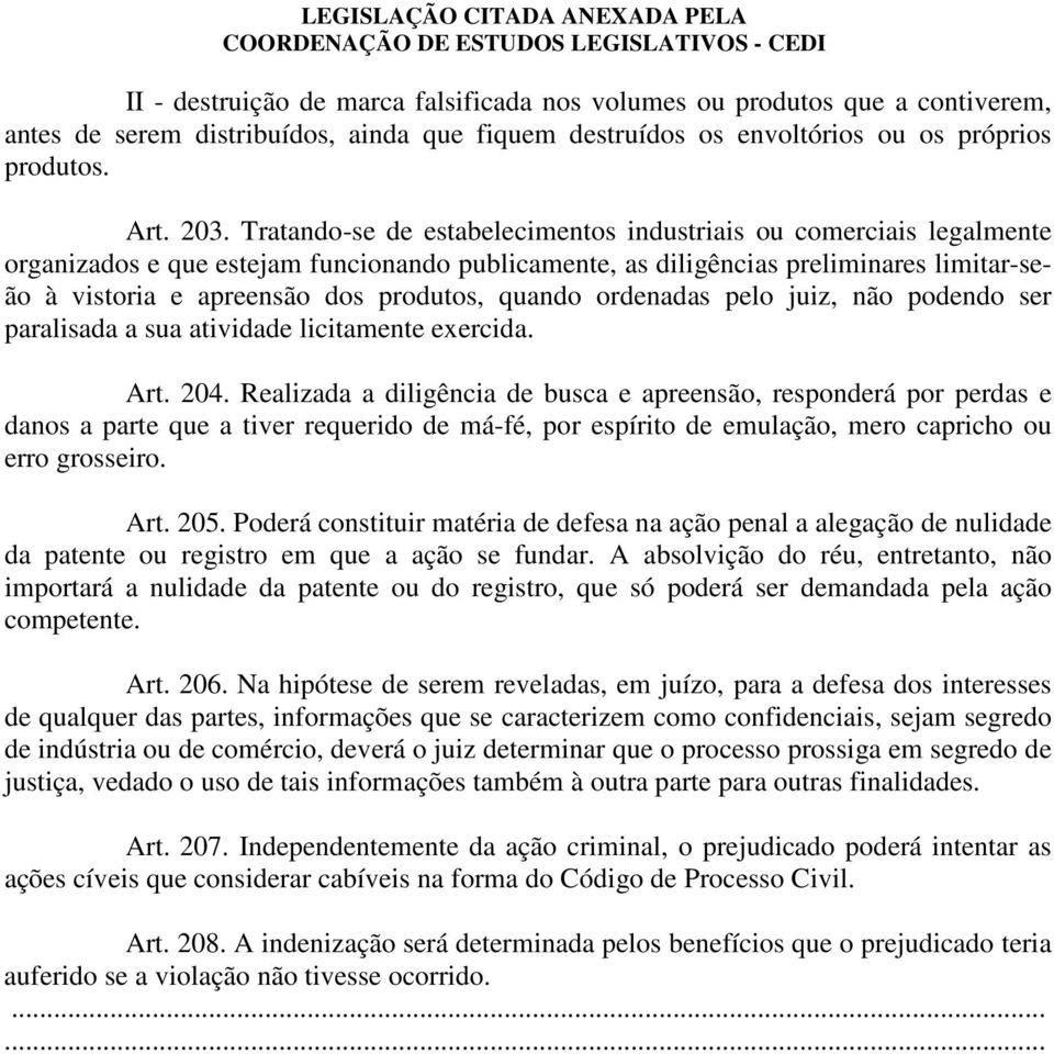 quando ordenadas pelo juiz, não podendo ser paralisada a sua atividade licitamente exercida. Art. 204.