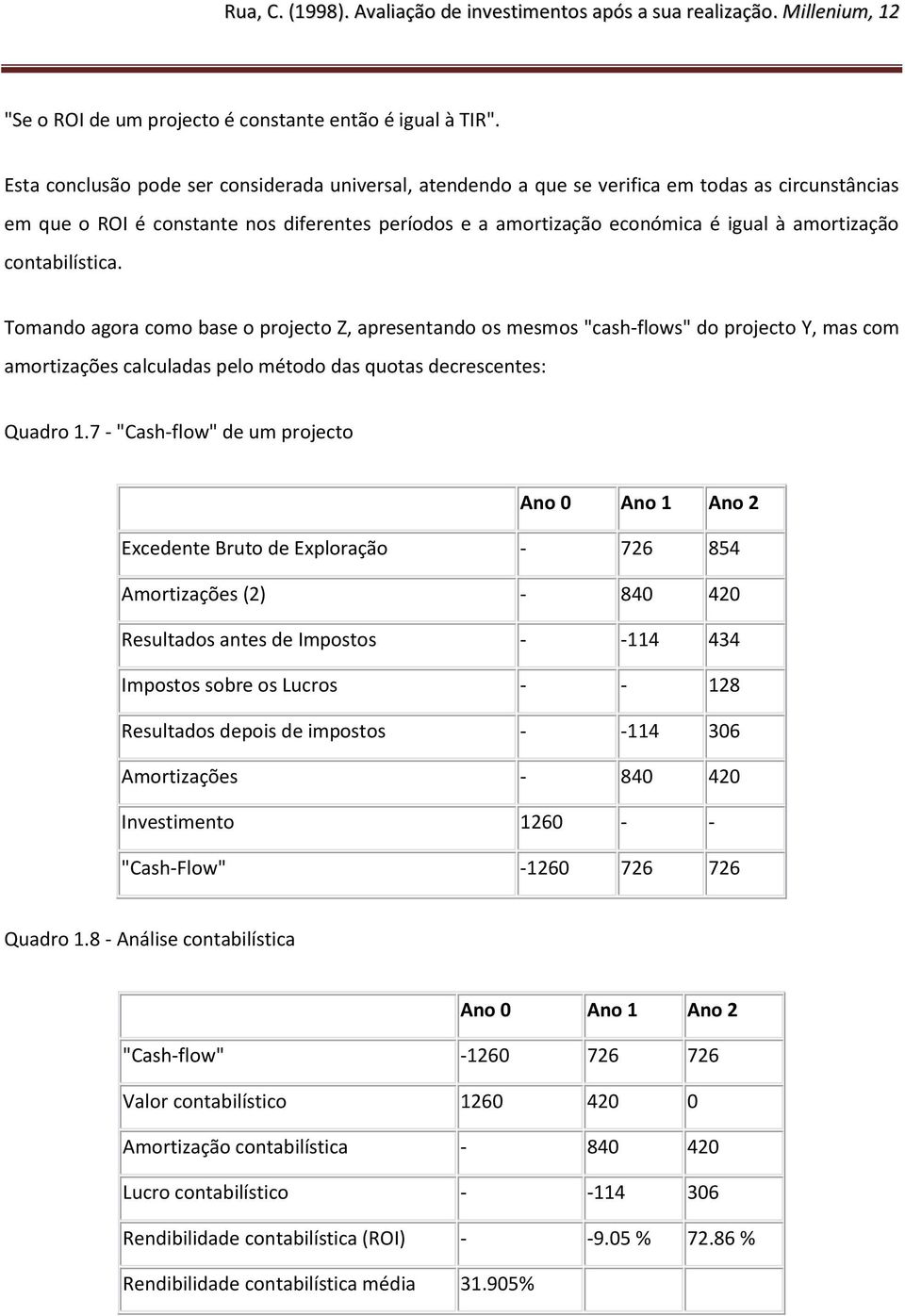 contabilística. Tomando agora como base o projecto Z, apresentando os mesmos "cash-flows" do projecto Y, mas com amortizações calculadas pelo método das quotas decrescentes: Quadro 1.