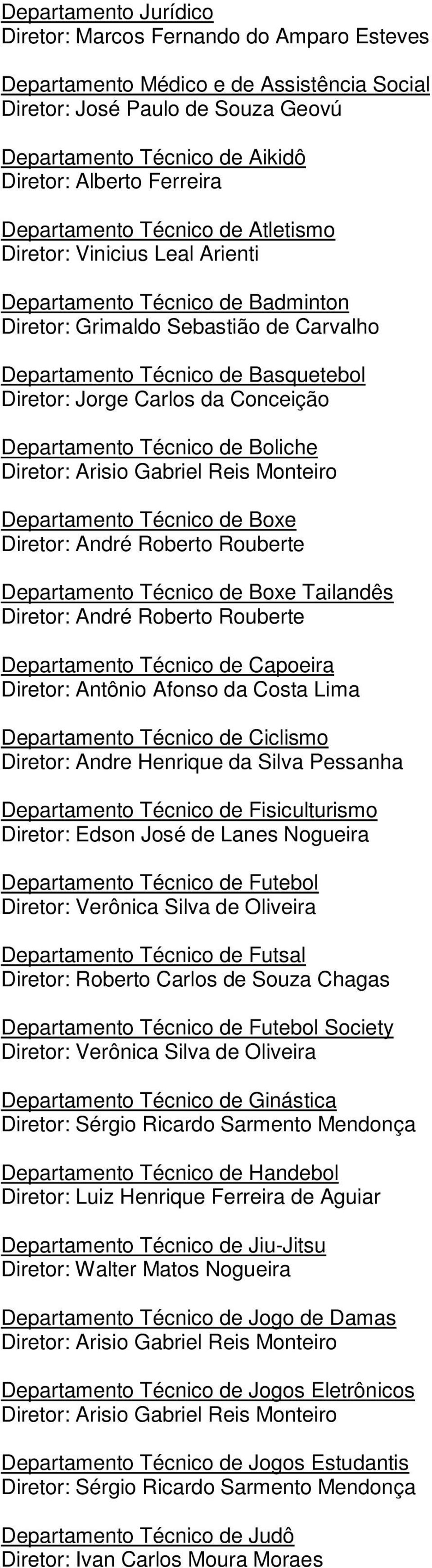 Carlos da Conceição Departamento Técnico de Boliche Departamento Técnico de Boxe Departamento Técnico de Boxe Tailandês Departamento Técnico de Capoeira Diretor: Antônio Afonso da Costa Lima