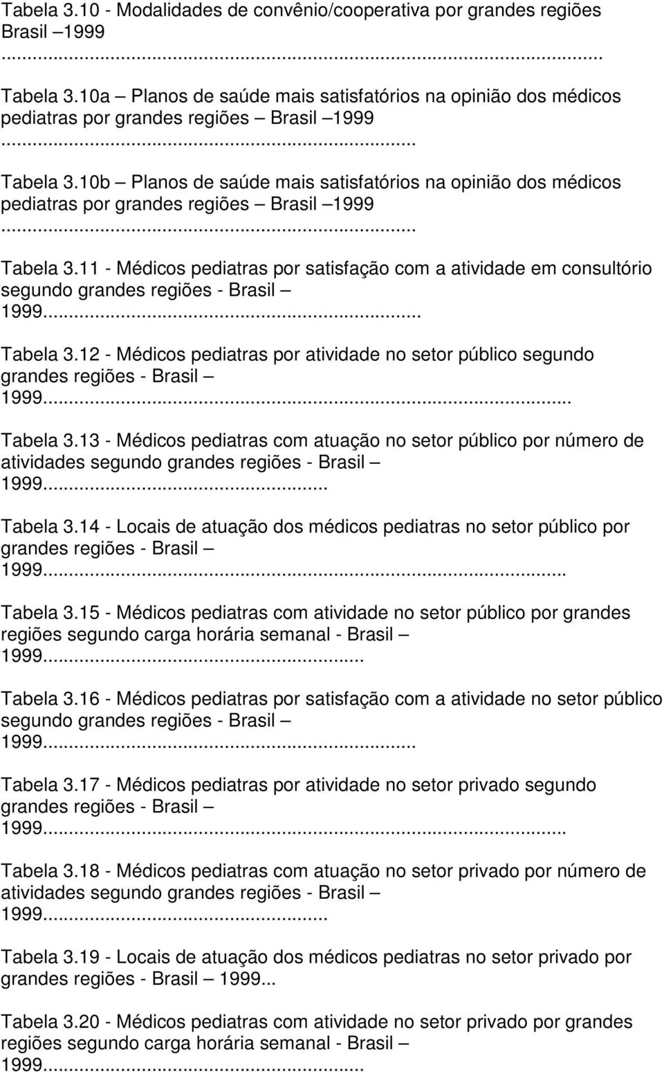 .. Tabela 3.12 - Médicos pediatras por atividade no setor público segundo grandes regiões - Brasil 1999... Tabela 3.13 - Médicos pediatras com atuação no setor público por número de atividades segundo grandes regiões - Brasil 1999.