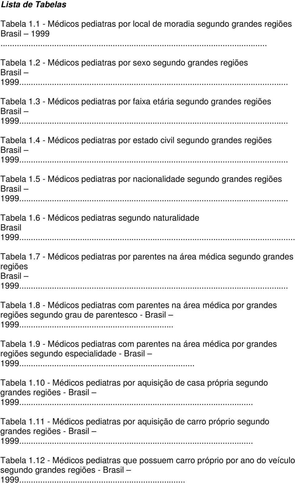 .. Tabela 1.7 - Médicos pediatras por parentes na área médica segundo grandes regiões Brasil 1999... Tabela 1.8 - Médicos pediatras com parentes na área médica por grandes regiões segundo grau de parentesco - Brasil 1999.