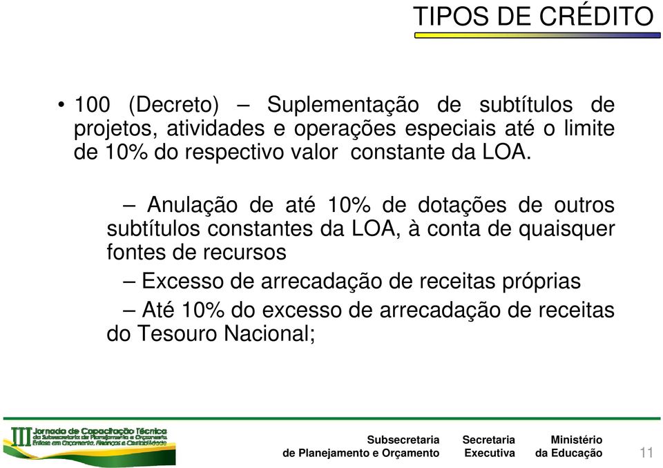 Anulação de até 10% de dotações de outros subtítulos constantes da LOA, à conta de quaisquer