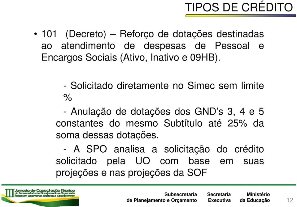 - Solicitado diretamente no Simec sem limite % - Anulação de dotações dos GND s 3, 4 e 5 constantes do