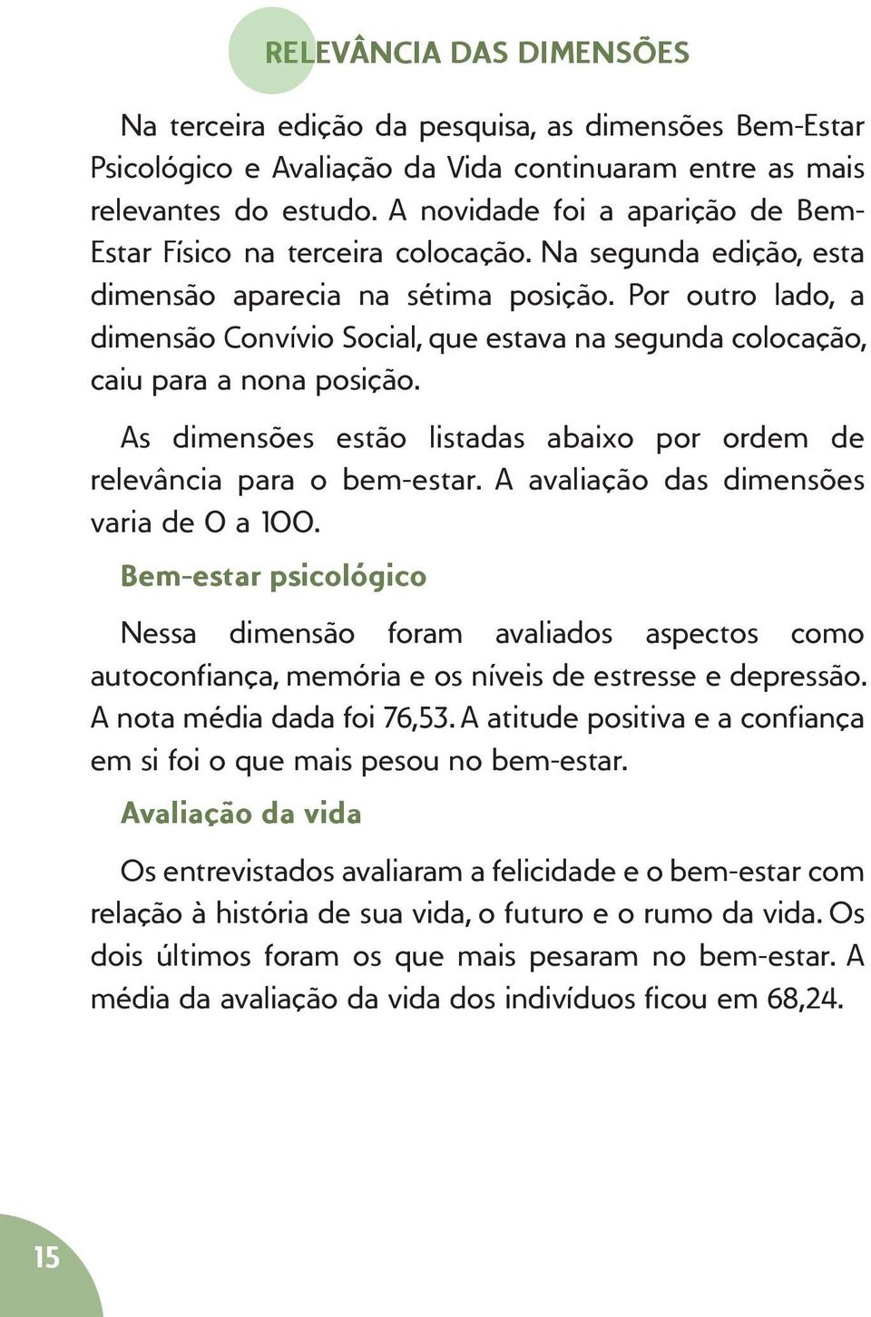 Por outro lado, a dimensão Convívio Social, que estava na segunda colocação, caiu para a nona posição. As dimensões estão listadas abaixo por ordem de relevância para o bem-estar.