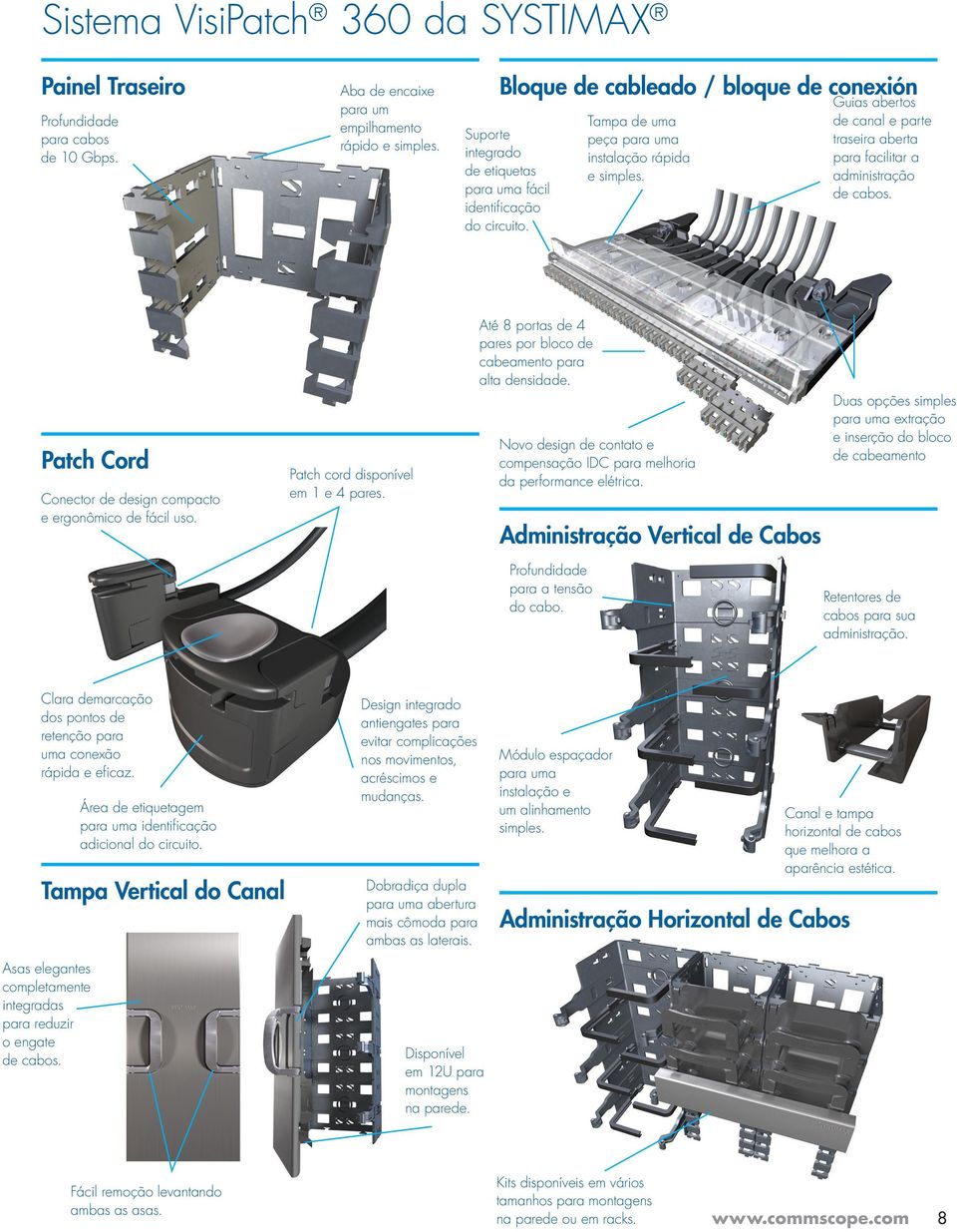 Tampa de uma peça para uma instalação rápida e simples. Até 8 portas de pares por bloco de cabeamento para alta densidade. Patch Cord Conector de design compacto e ergonômico de fácil uso.