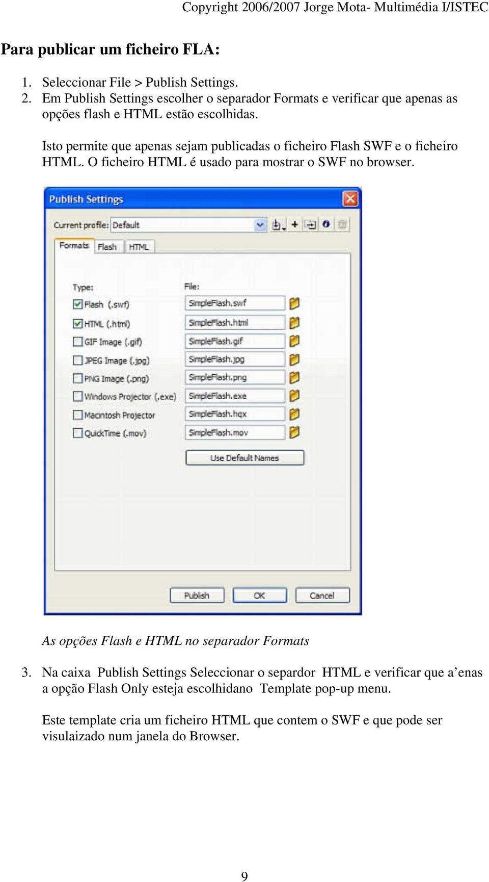 Isto permite que apenas sejam publicadas o ficheiro Flash SWF e o ficheiro HTML. O ficheiro HTML é usado para mostrar o SWF no browser.