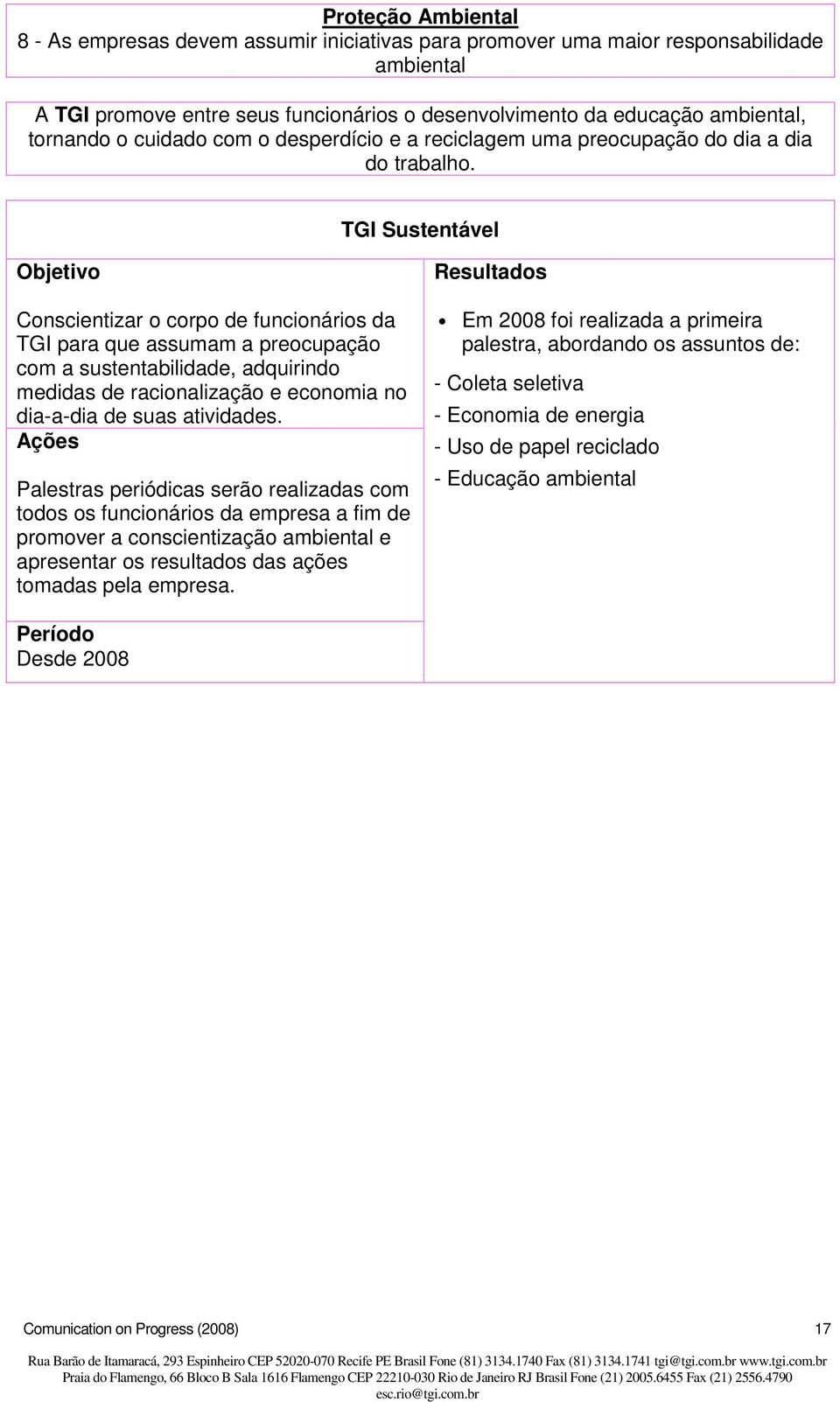 TGI Sustentável Conscientizar o corpo de funcionários da TGI para que assumam a preocupação com a sustentabilidade, adquirindo medidas de racionalização e economia no dia-a-dia de suas atividades.