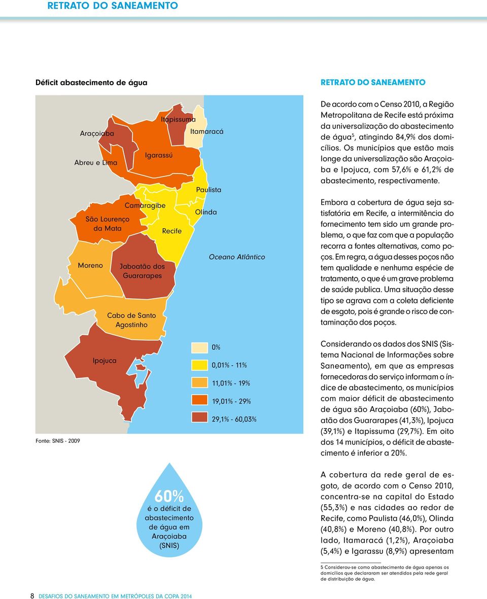 domicílios. Os municípios que estão mais longe da universalização são Araçoiaba e Ipojuca, com 57,6% e 61,2% de abastecimento, respectivamente.