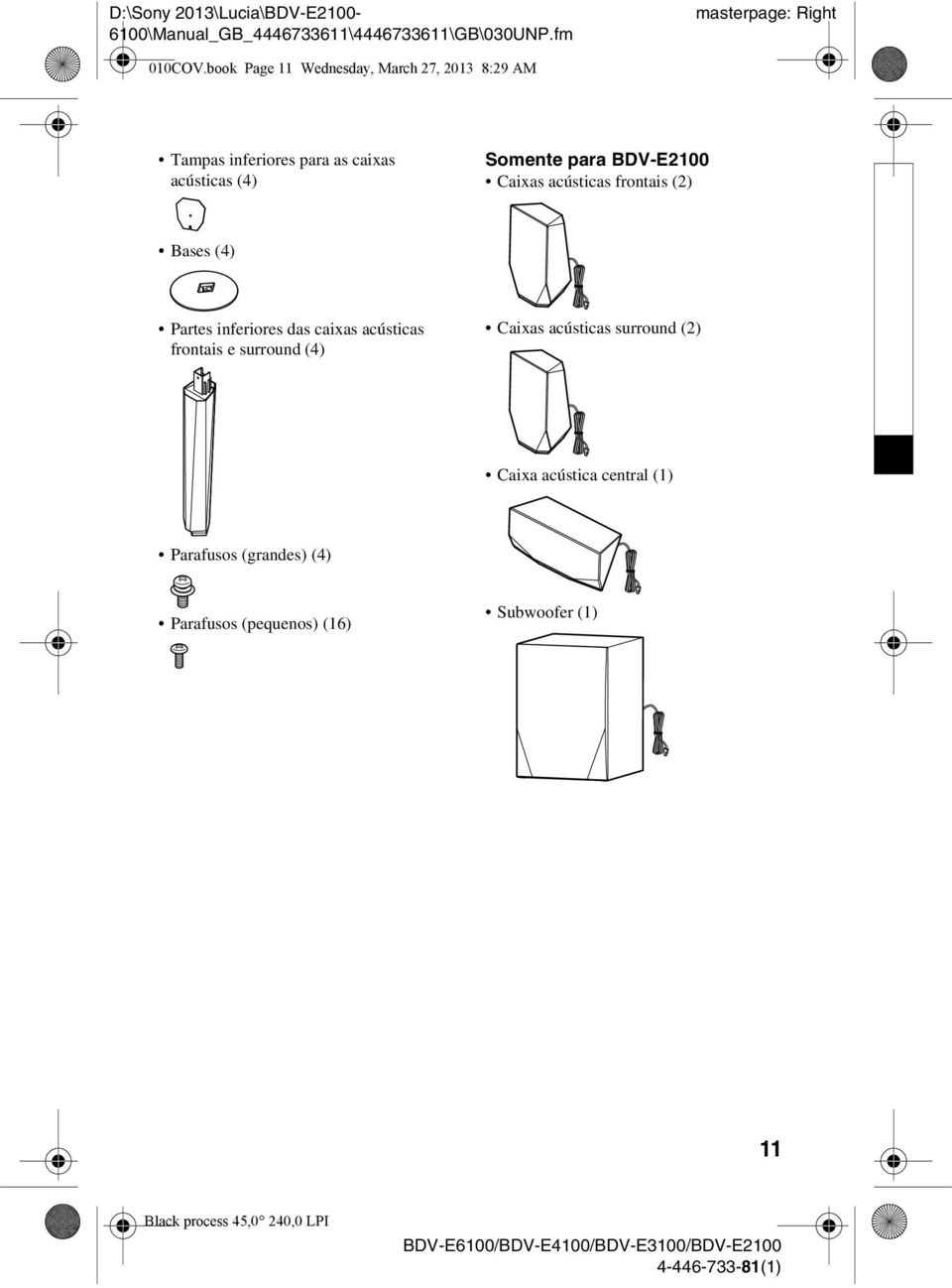 para BDV-E2100 Caixas acústicas frontais (2) Bases (4) Partes inferiores das caixas acústicas frontais e