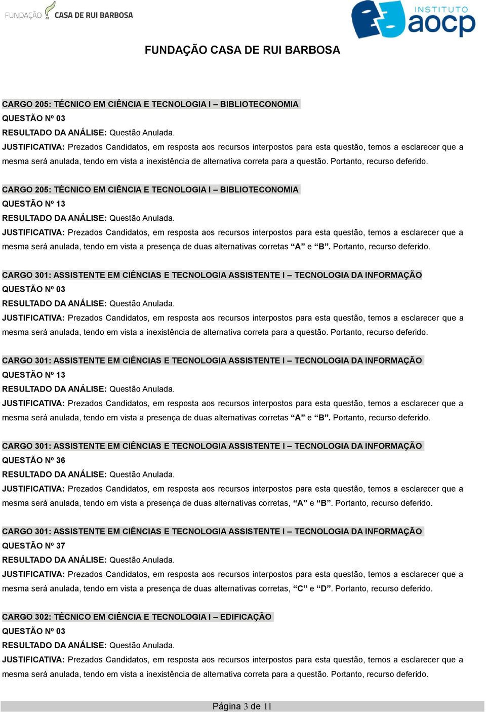 mesma será anulada, tendo em vista a presença de duas alternativas corretas, A e B. Portanto, recurso deferido.