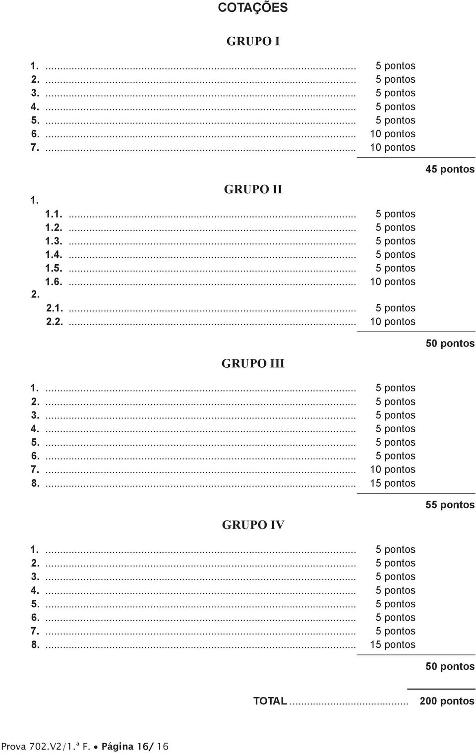 pontos 2 5 pontos 3 5 pontos 4 5 pontos 5 5 pontos 6 5 pontos 7 10 pontos 8 15 pontos GRUPO IV 55 pontos 1 5 pontos 2 5