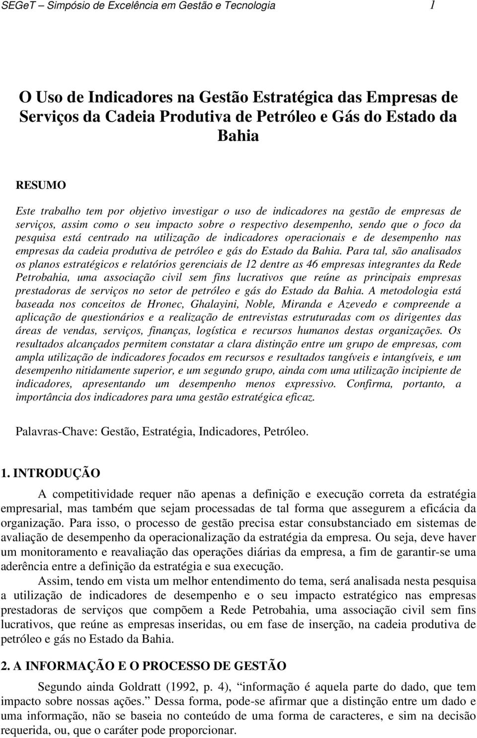 indicadores operacionais e de desempenho nas empresas da cadeia produtiva de petróleo e gás do Estado da Bahia.