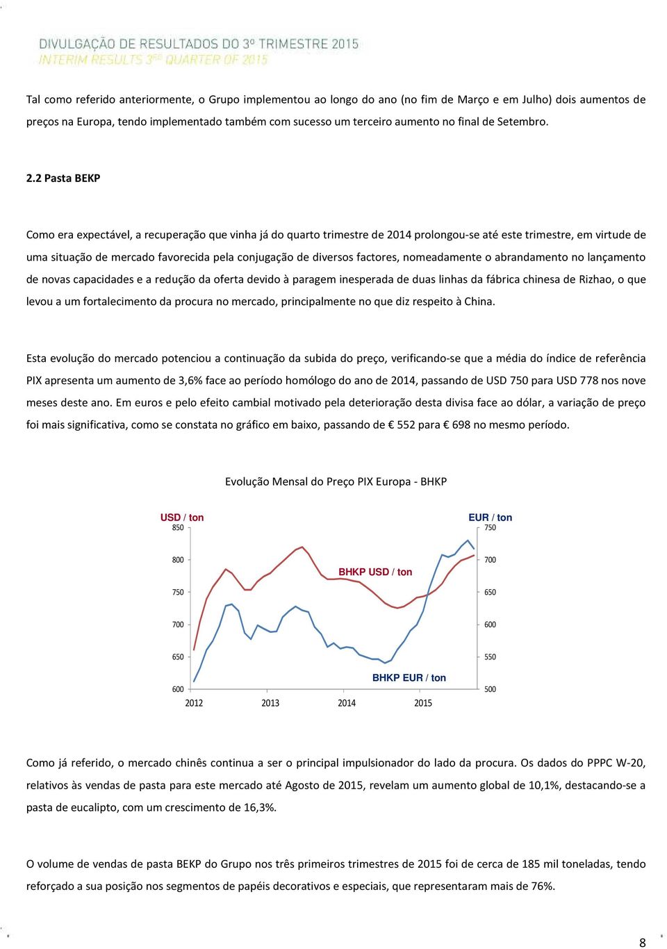 2 Pasta BEKP Como era expectável, a recuperação que vinha já do quarto trimestre de 2014 prolongou-se até este trimestre, em virtude de uma situação de mercado favorecida pela conjugação de diversos