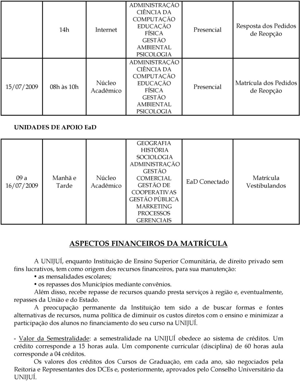 SOCIOLOGIA ADMINISTRAÇÃO GESTÃO COMERCIAL GESTÃO DE COOPERATIVAS GESTÃO PÚBLICA MARKETING PROCESSOS GERENCIAIS EaD Conectado Matrícula Vestibulandos ASPECTOS FINANCEIROS DA MATRÍCULA A UNIJUÍ,