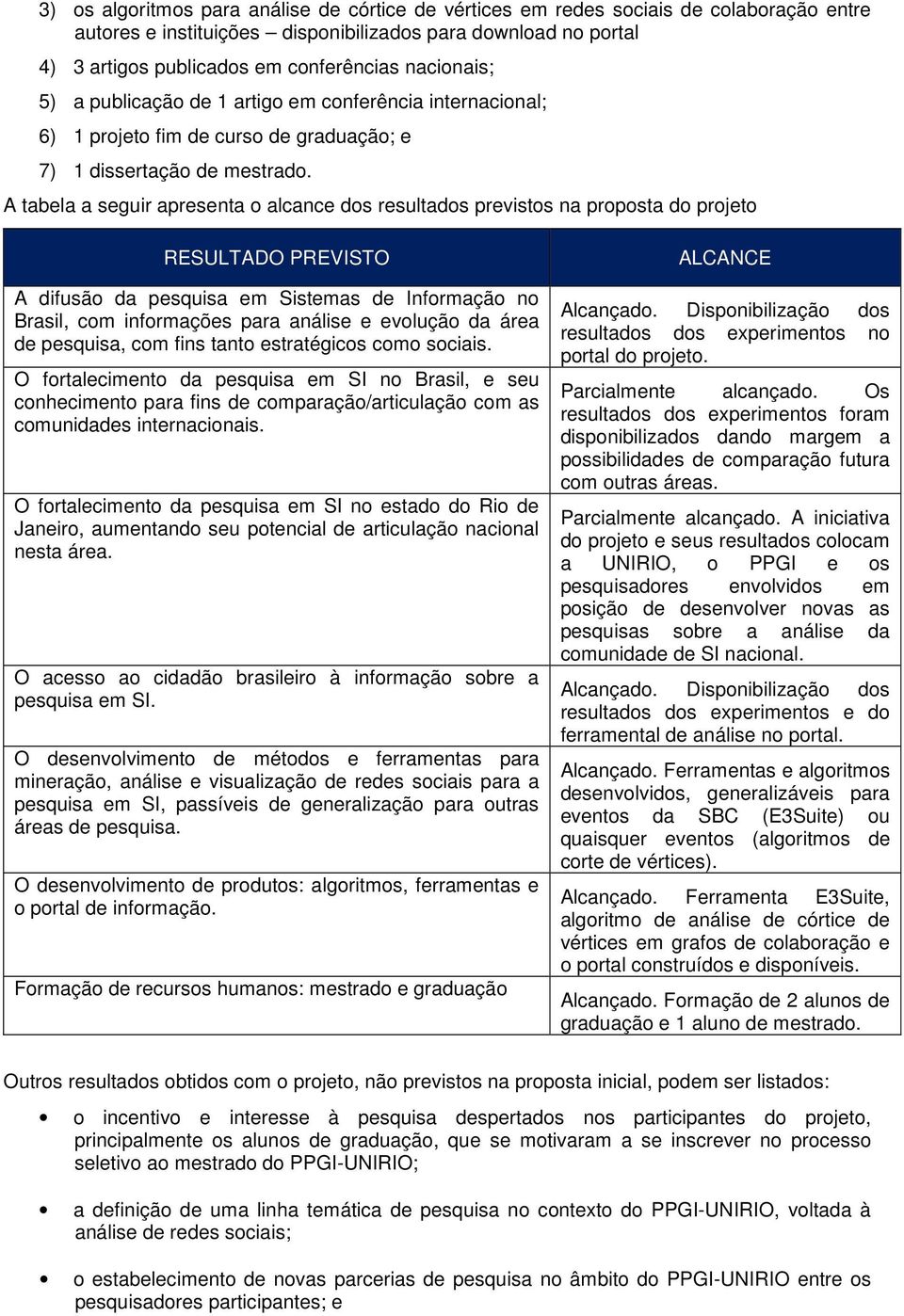 A tabela a seguir apresenta o alcance dos resultados previstos na proposta do projeto RESULTADO PREVISTO A difusão da pesquisa em Sistemas de Informação no Brasil, com informações para análise e