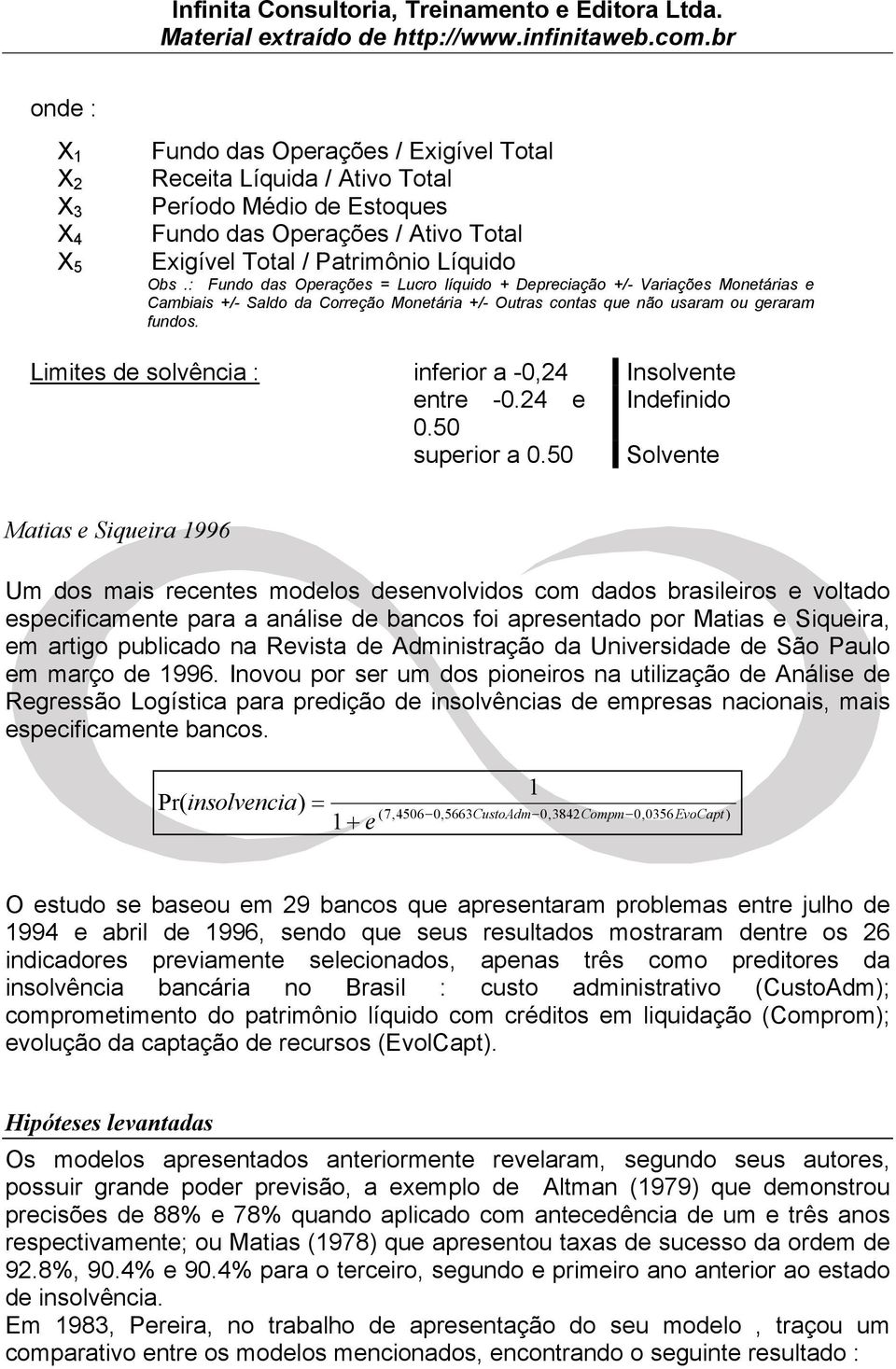 Limites de solvência : inferior a -0,24 Insolvente entre -0.24 e Indefinido 0.50 superior a 0.