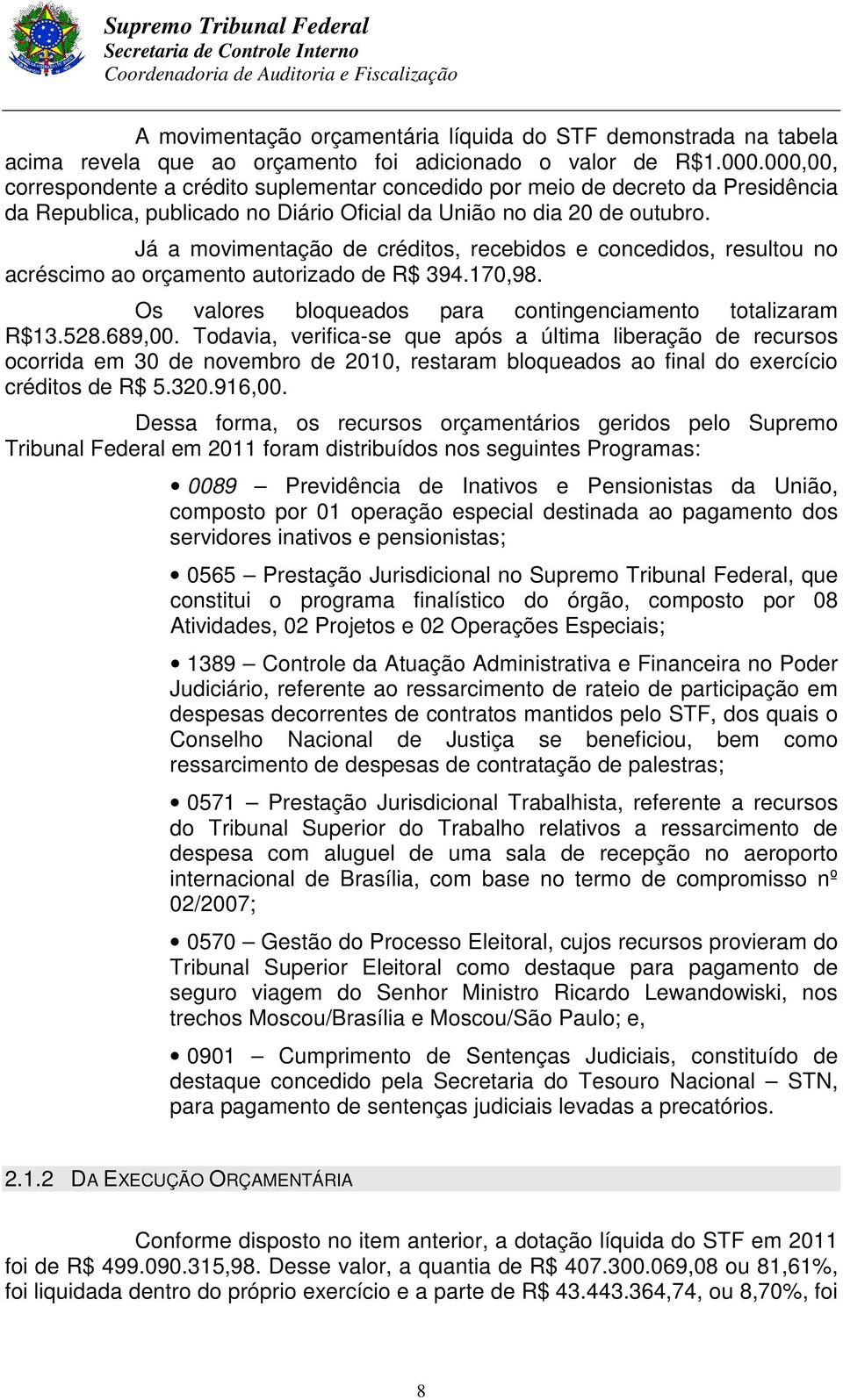 Já a movimentação de créditos, recebidos e concedidos, resultou no acréscimo ao orçamento autorizado de R$ 394.170,98. Os valores bloqueados para contingenciamento totalizaram R$13.528.689,00.